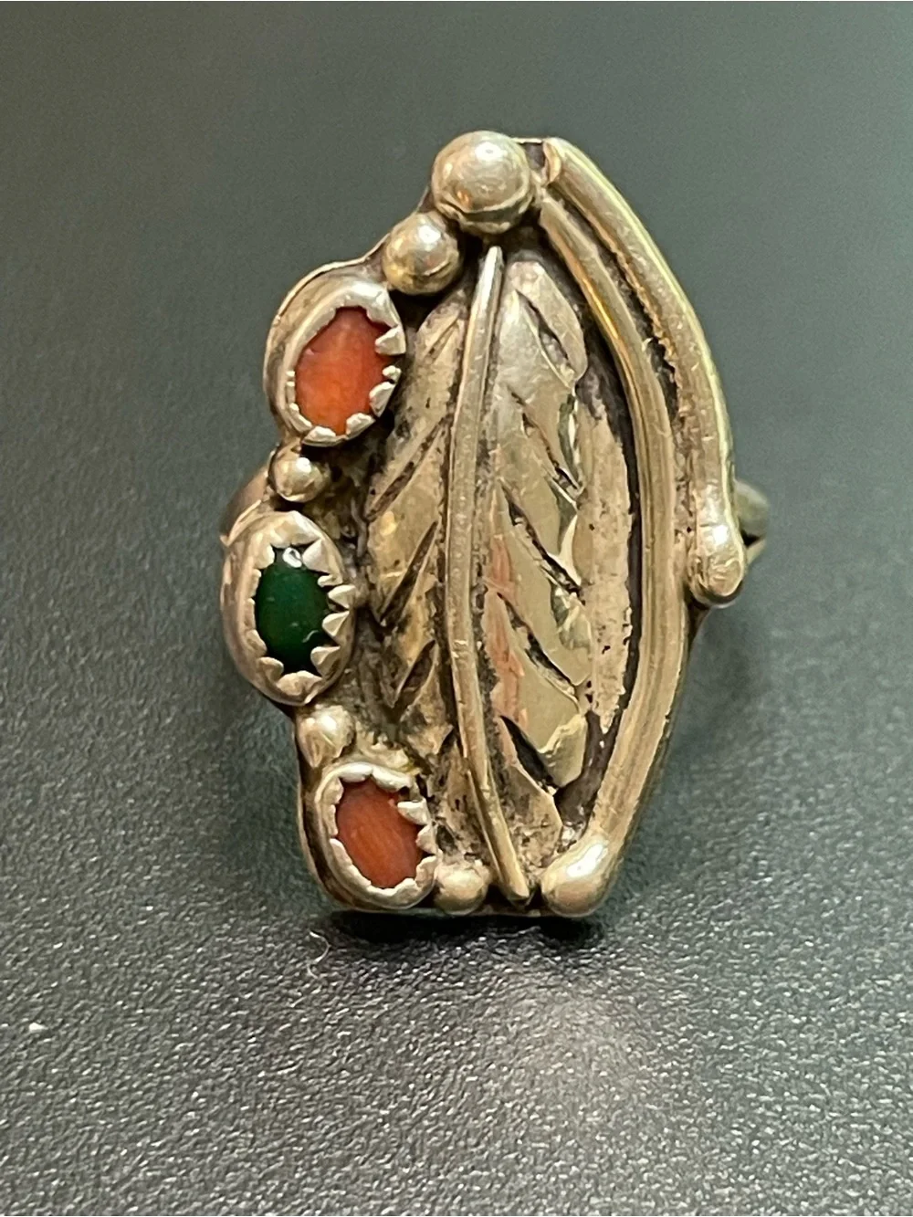 Sterling Leaf Statement Ring with Green and Orange turquoise Stones